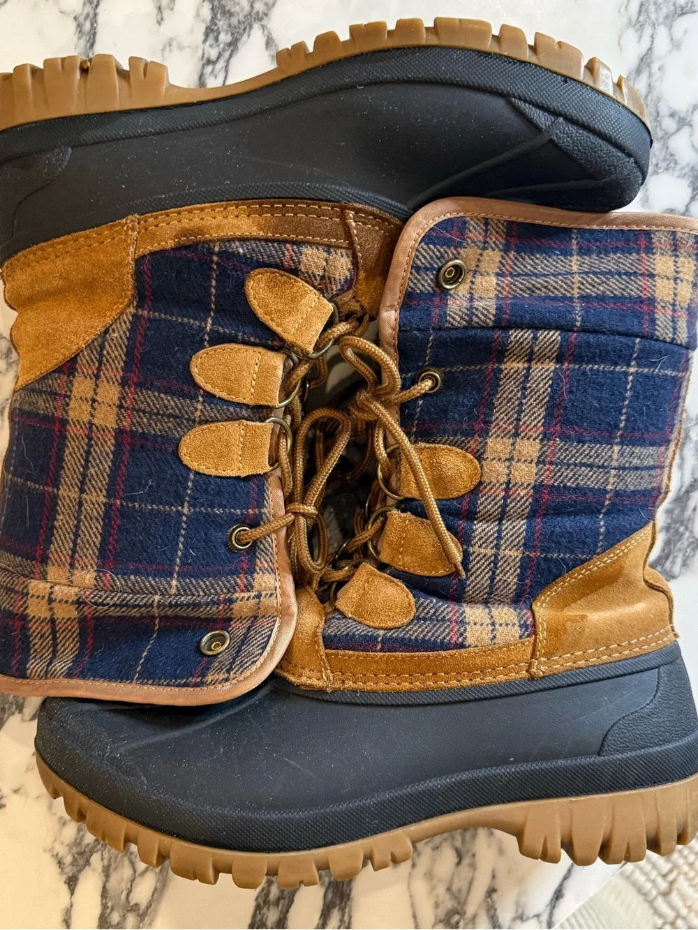 STQ Women's Plaid Winter Duck Boots Size 9 Waterproof Snow Shoes Navy Tan
